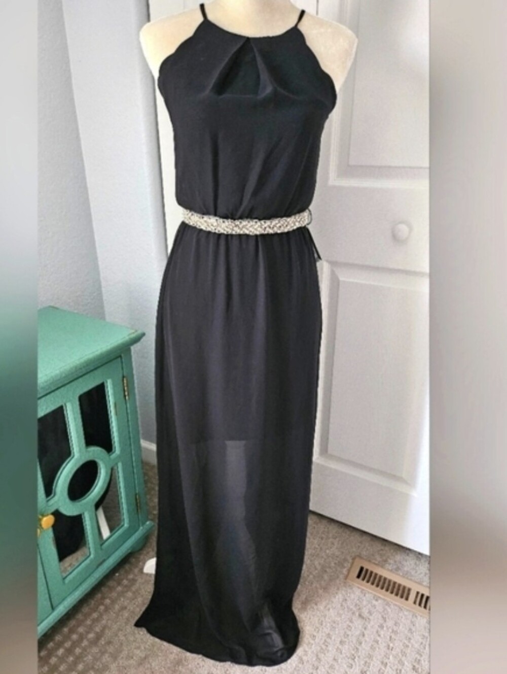 NWT by & by Black Chiffon Dress Rhinestone Belt XS HOCO Prom Romantic Formal